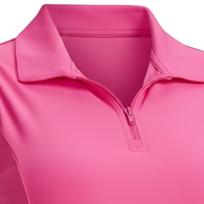 Close-up of a pink polo-style tennis dress neckline, showing a collar and partial zipper, with smooth, slightly shiny fabric.