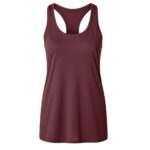 Solid maroon women's sleeveless tennis tank top with a racerback, wide shoulder straps, and a curved neckline, shown on a white background.