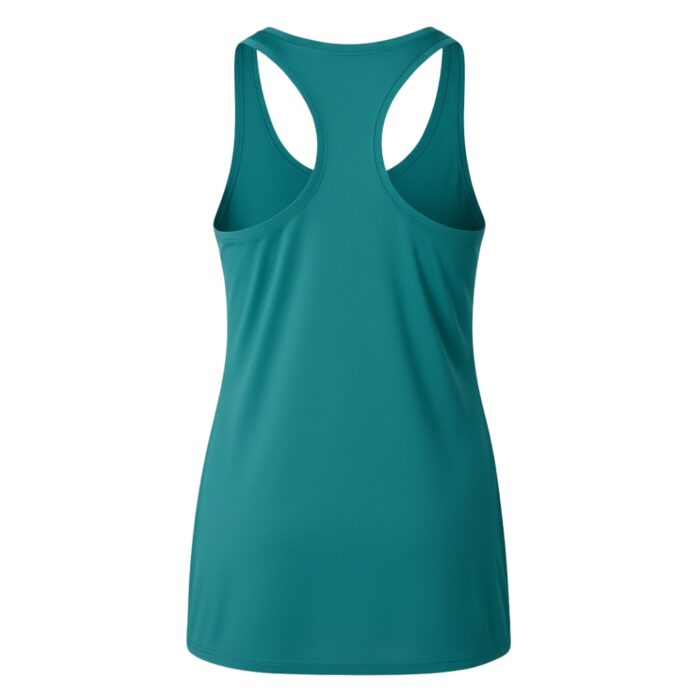 om the back on a white background. It features a racerback design with thin curved straps, a rounded neckline, textured/form-fitting fabric, and a modest-length bottom hem.