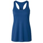 Royal blue women's sleeveless tennis tank top shown from the front on a white background. It features a racerback, a modest scoop neckline, and a form-fitting silhouette that flares slightly at the hem.