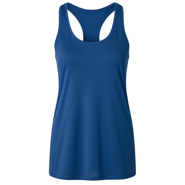 Royal blue women's sleeveless tennis tank top shown from the front on a white background. It features a racerback, a modest scoop neckline, and a form-fitting silhouette that flares slightly at the hem.