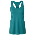 Teal women's sleeveless athletic tank top with a racerback design, displayed on a white background. The hem is slightly curved and the fabric has a subtle textured pattern.