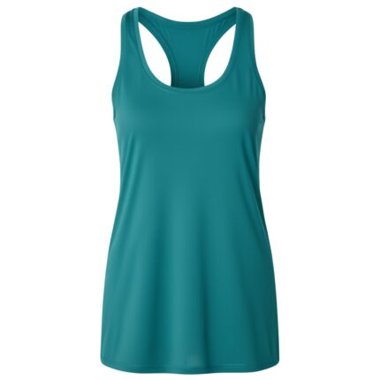 Teal women's sleeveless athletic tank top with a racerback design, displayed on a white background. The hem is slightly curved and the fabric has a subtle textured pattern.