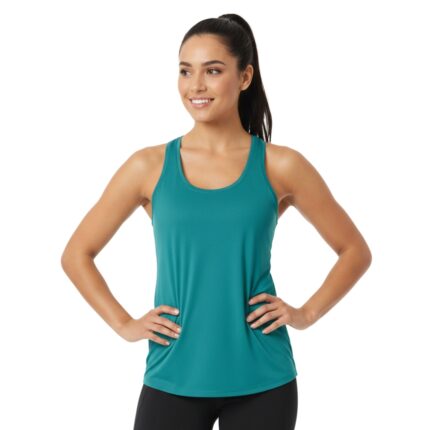 A smiling woman stands against a white background, wearing a teal sleeveless tank top and black leggings. Her hands are on her hips, showcasing athletic activewear.