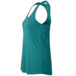 Teal women's sleeveless tennis tank top shown in side/profile view on a white background. The design features a racerback with crossed shoulder straps, large arm openings, and a flared hem.