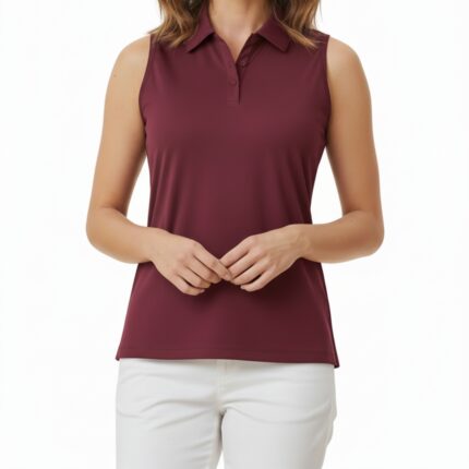 A woman stands against a white background wearing a sleeveless burgundy polo shirt and white pants. She has wavy brown hair and a subtle smile, with her hands clasped in front of her.
