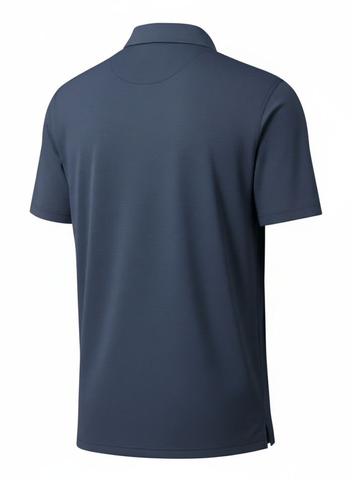 Back view of a dark blue textured polo shirt with a collar and short sleeves against a white background.