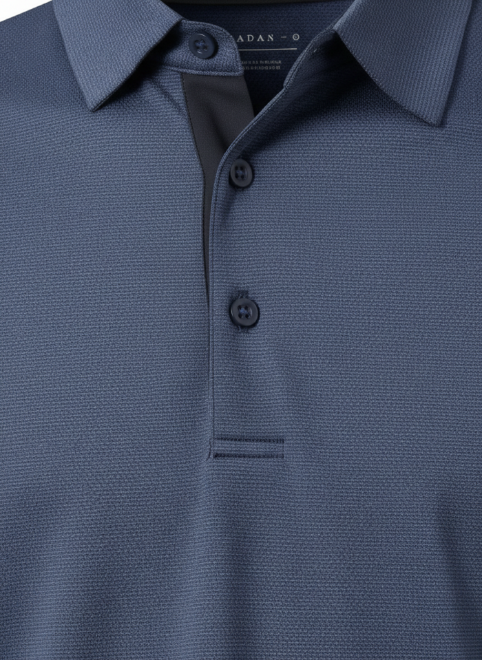 Close-up of a navy blue polo shirt showing a textured weave, collar with a button, and a dark placket underneath with three buttons.