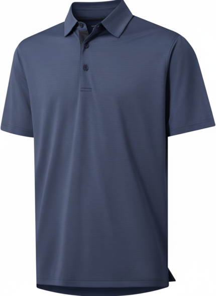 Front view of a dark blue textured polo shirt with a classic collar, two-button placket, and short sleeves against a white background