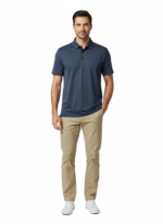 Full-body view of a man wearing a navy blue textured polo shirt, khaki pants, and white sneakers, standing with one hand in his pocket against a white background.