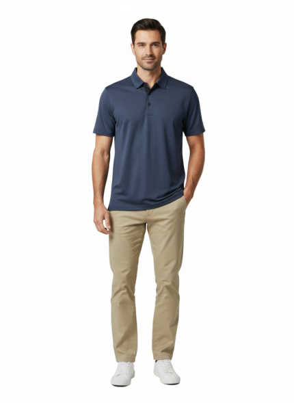 Full-body view of a man wearing a navy blue textured polo shirt, khaki pants, and white sneakers, standing with one hand in his pocket against a white background.