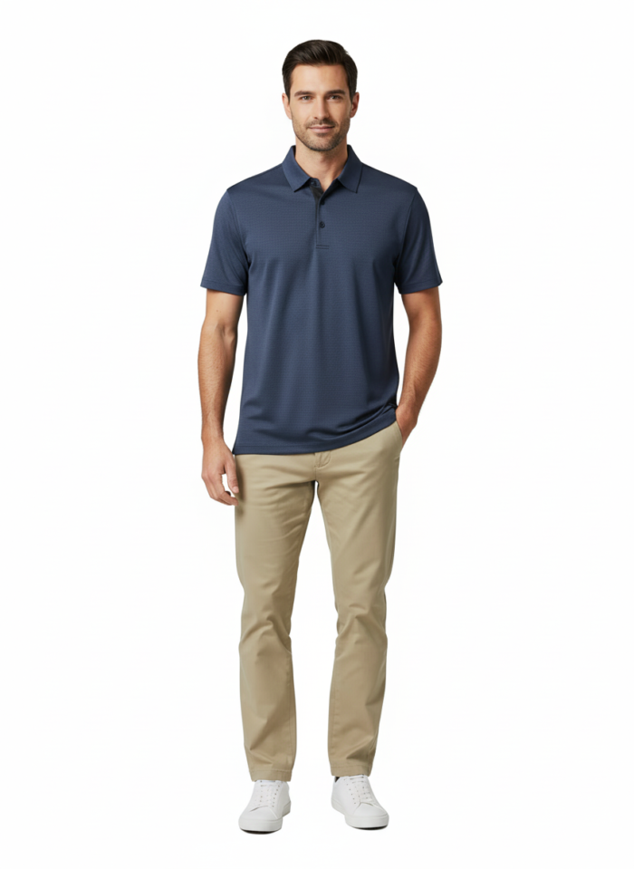 Full-body view of a man wearing a navy blue textured polo shirt, khaki pants, and white sneakers, standing with one hand in his pocket against a white background.