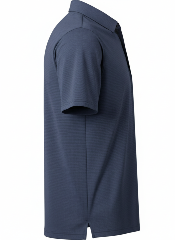 Side view of a dark blue polo shirt with a textured pattern, short sleeves, and a classic polo collar against a white background.
