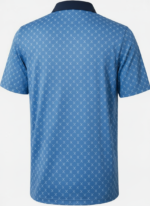 Back view of a blue short-sleeve polo shirt with a navy collar and a white X pattern.