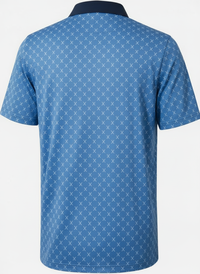 Back view of a blue short-sleeve polo shirt with a navy collar and a white X pattern.