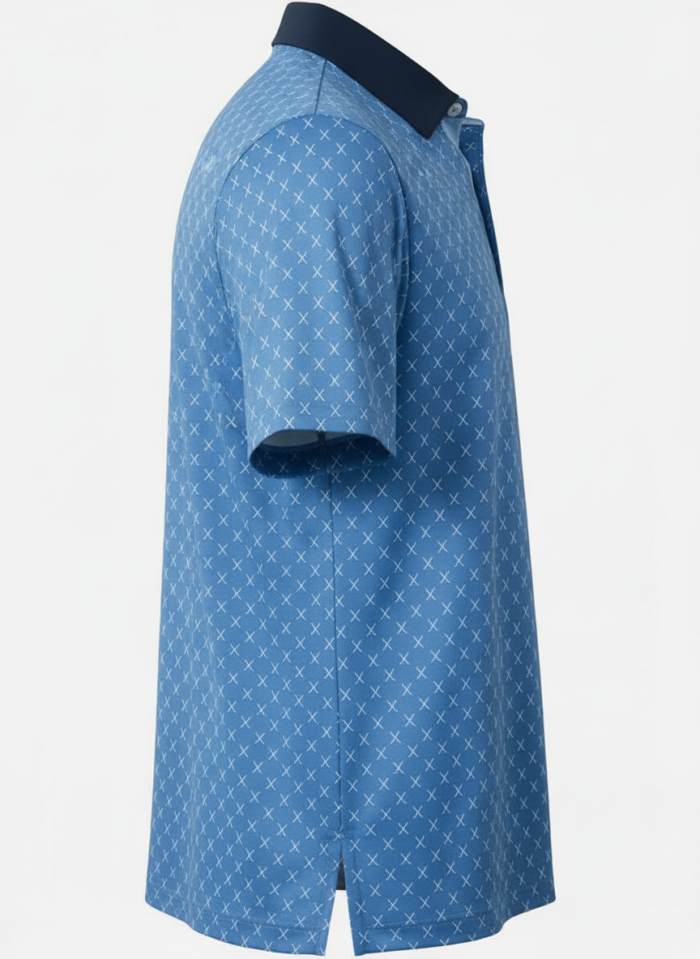 Side view of a light blue polo shirt with a navy collar and a white X pattern.