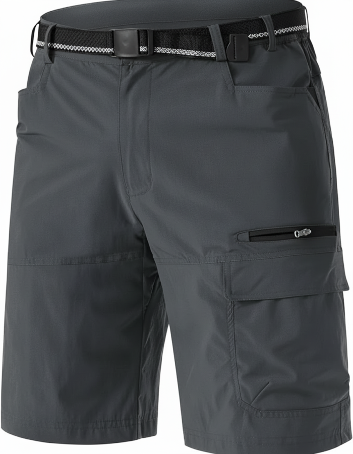 Front view of gray golf shorts with a black belt, showing multiple pockets including a zippered pocket above a cargo pocket on the right leg.