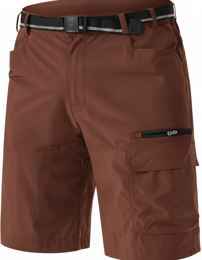 Front view of brown cargo golf shorts with a black-and-white striped belt, featuring multiple pockets including a zippered cargo pocket on the right leg.