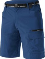 Front view of blue men's golf shorts with a black belt, multiple pockets including a zippered right-leg pocket.
