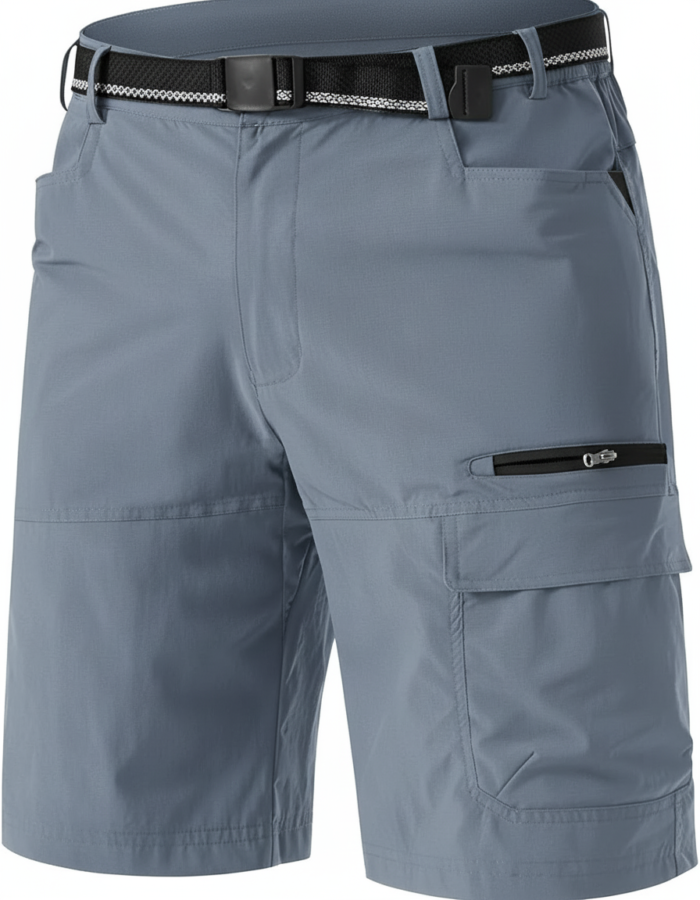 Front view of gray cargo golf shorts with a black woven belt, showing multiple pockets including front, side cargo with zippered pocket, on a white background.