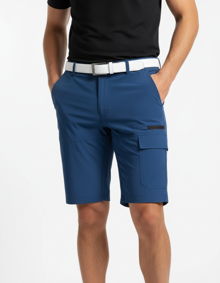 Front view of a man wearing blue cargo shorts with a white belt and a black polo shirt, standing with hands in pockets.