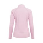 Back view of a light pink women's golf quarter-zip jacket with long sleeves and a mock neck.