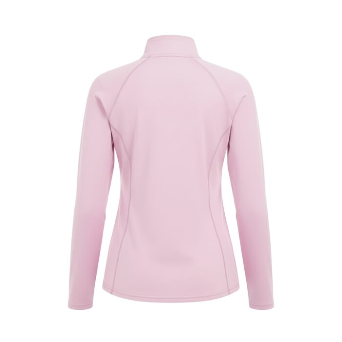 Back view of a light pink women's golf quarter-zip jacket with long sleeves and a mock neck.