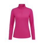 Front view of a bright pink women's golf quarter-zip top with long sleeves.