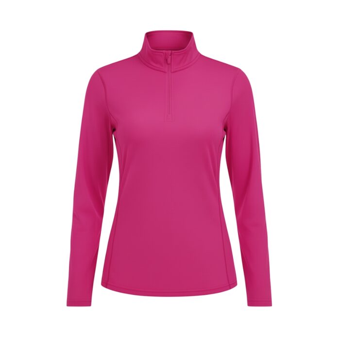 Front view of a bright pink women's golf quarter-zip top with long sleeves.