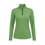 Front view of a light green women's golf quarter-zip top with a black zipper and mock neck.