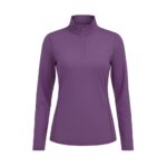 Front view of a purple women's golf quarter-zip top with long sleeves and a high collar.