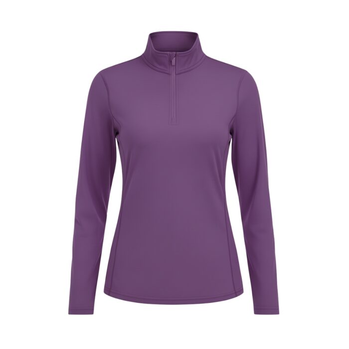 Front view of a purple women's golf quarter-zip top with long sleeves and a high collar.