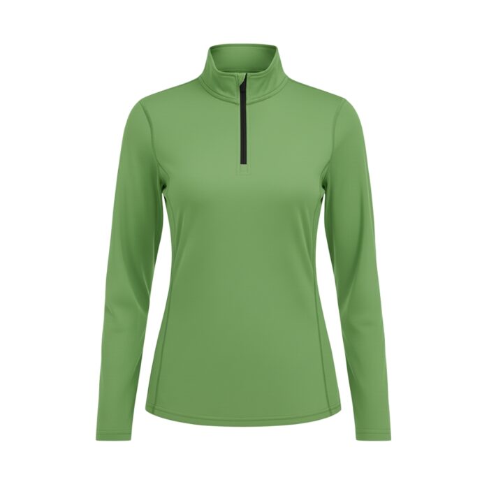 Front view of a light green women's golf quarter-zip top with a black zipper and mock neck.