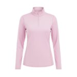 Light pink women's long-sleeve athletic golf shirt with a mock neck and short zipper on a white background.