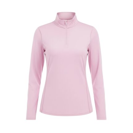 Light pink women's long-sleeve athletic golf shirt with a mock neck and short zipper on a white background.
