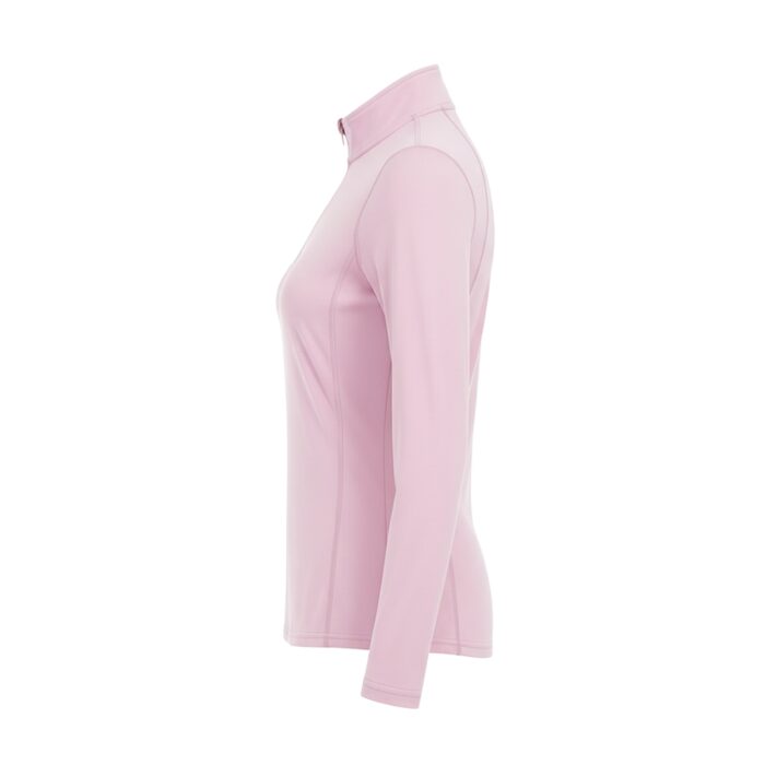 Side view of a light pink women's golf long-sleeve shirt with a small zipper at the collar.