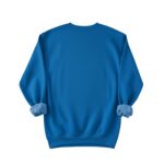 Back view of a bright blue women's crewneck sweatshirt, sleeves rolled up to show a plush lighter-blue lining, photographed against a white background.