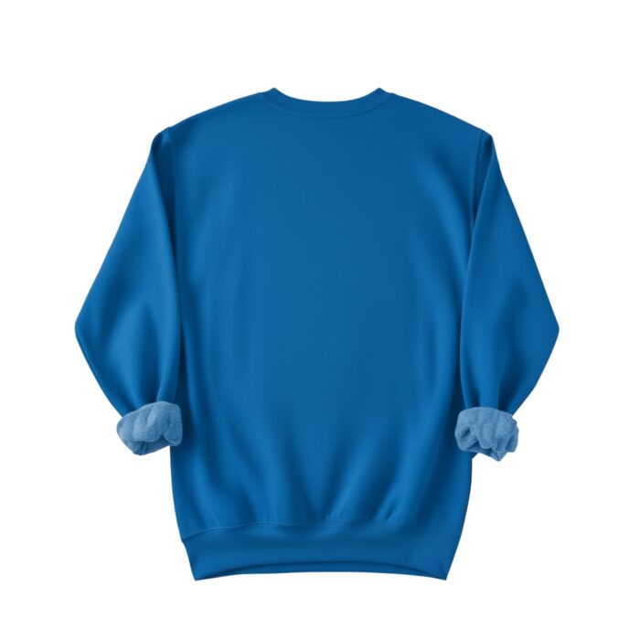 Back view of a bright blue women's crewneck sweatshirt, sleeves rolled up to show a plush lighter-blue lining, photographed against a white background.
