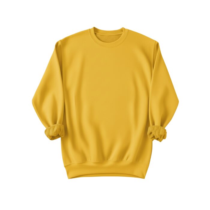 Mustard yellow crewneck sweatshirt laid flat on a white background, with sleeves slightly rolled up to show ribbed cuffs.