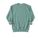 A light blue-green crew neck sweatshirt displayed on a white background, with sleeves rolled up to reveal a gray interior.