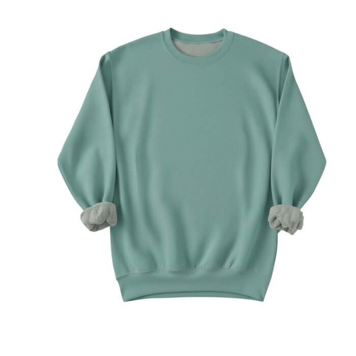 A light blue-green crew neck sweatshirt displayed on a white background, with sleeves rolled up to reveal a gray interior.