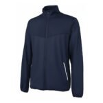 Men’s navy badminton zip-up jacket with stand collar and front zipper.