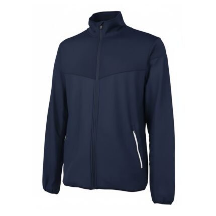 Men’s navy badminton zip-up jacket with stand collar and front zipper.