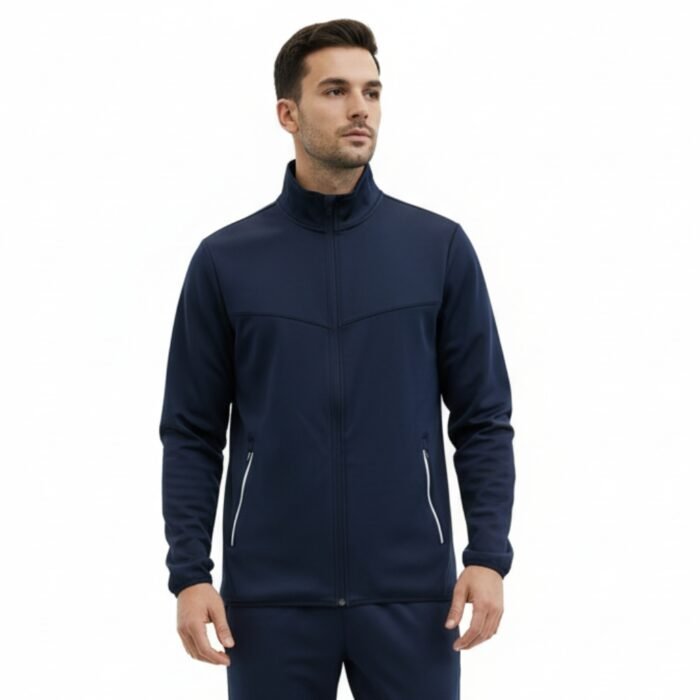 Men’s navy badminton jacket with a stand collar and zipper, shown on a model against a white background.