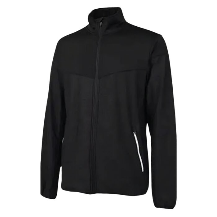 Black full-zip badminton jacket with a stand-up collar and long sleeves.