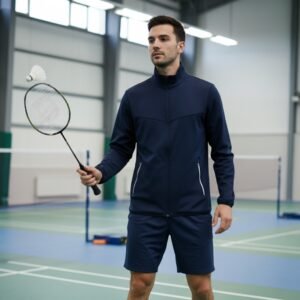 Man in a navy badminton jacket holding a racket in an indoor sports hall.