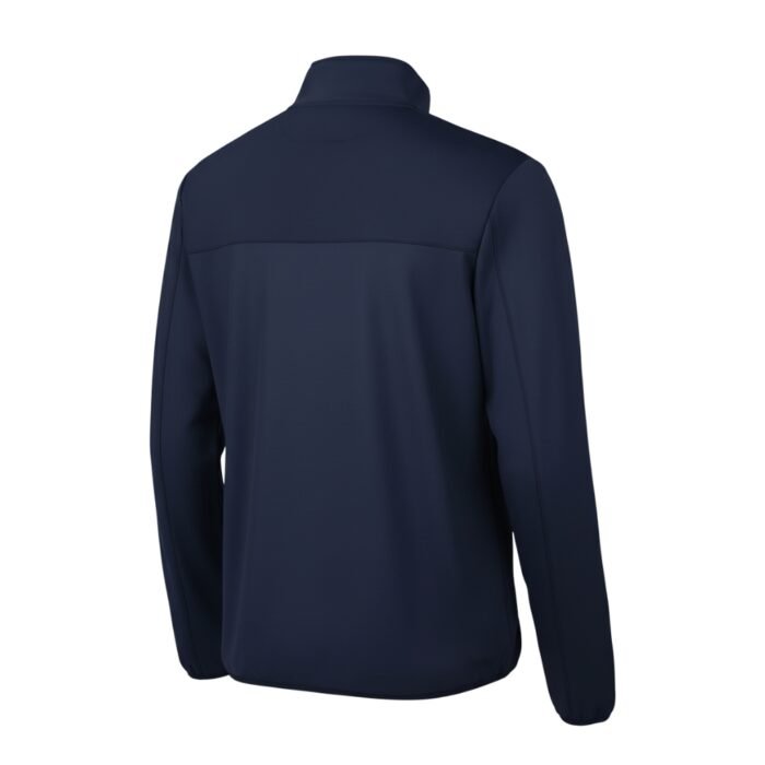 Navy men’s badminton jacket with stand collar and full zip closure, shown from the back on a white background.
