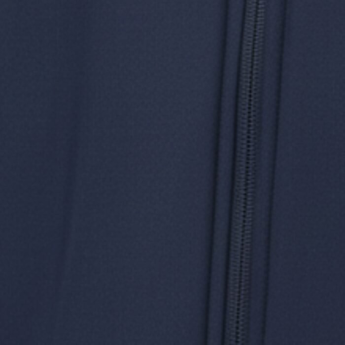 Close-up of a navy men’s badminton jacket zipper on a solid background.