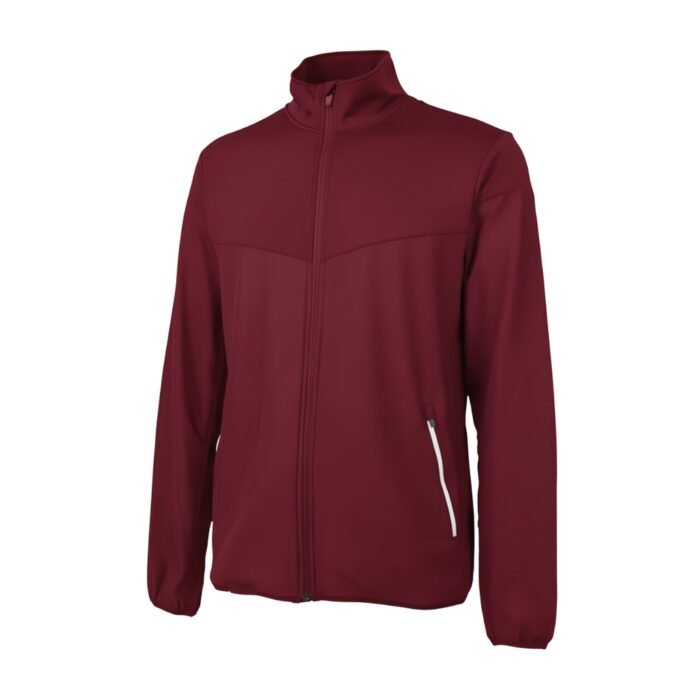 Men’s maroon badminton jacket with a full zip and stand-up collar.