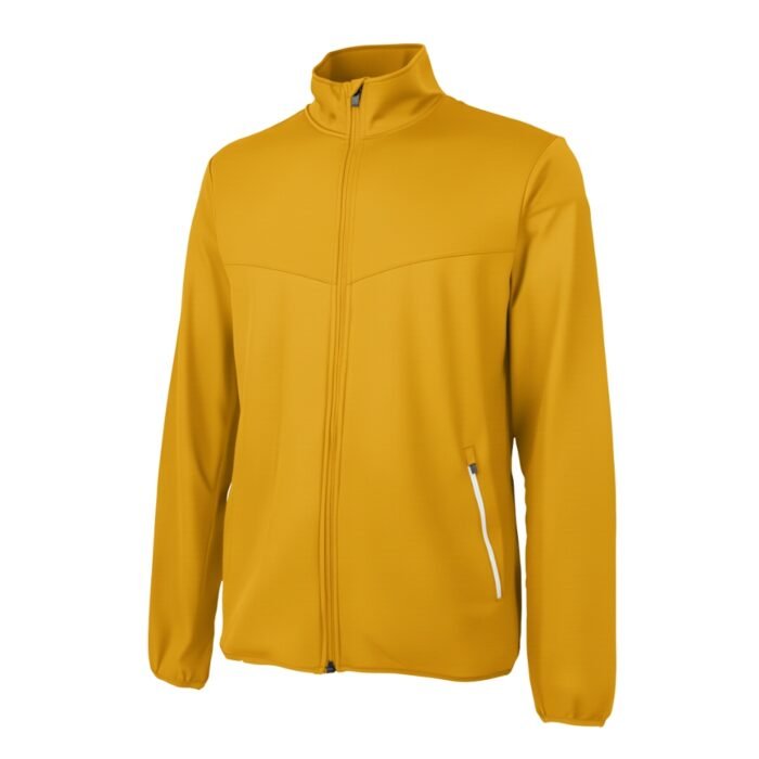 Men’s yellow badminton jacket with a full-zip and stand-up collar.